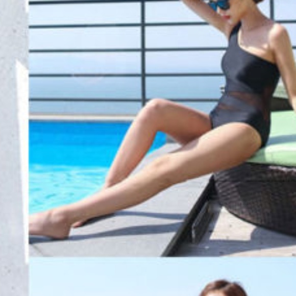 Monokini Black Padded One Shoulder Cutouts Mesh - Picture 2 of 5